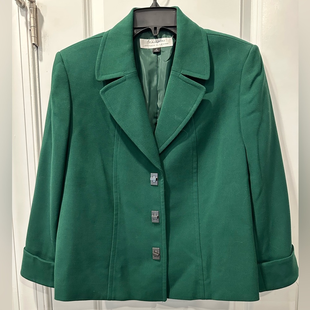Tahari ASL Dark Green Jacket with Gunmetal Contemporary Closures, Size 12